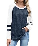 JomeDesign Sweaters for Women Trendy Long Sleeve Shirts Color Block Fall Outfits 2025 Navy White XL