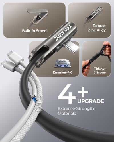 4' Mrglas 240W USB-C Charging Cable w/ Built-In Phone Stand & 90° Connector - image 6