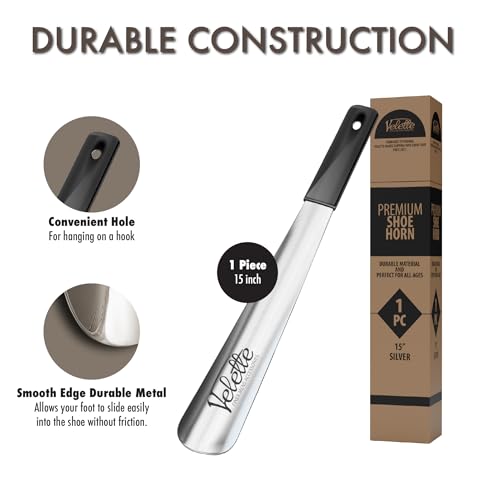 Image of Velette Metal Shoe Horn Long Handle For Seniors, 15 inch Long. Extra Long Shoe Horn for Kids, Or Great Shoe Horns for Boots