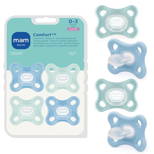 Image of MAM Comfort Baby Pacifier 0-3 Months, Specially for Smaller Newborn Mouths, Lightweight One-Piece BPA-Free Silicone, Easy to Clean, Best for Breastfed Babies, 4 Pk, Made in Europe