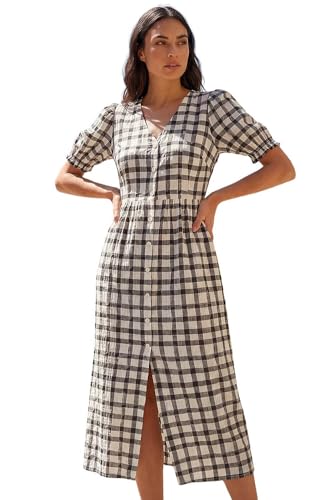 Image of Roman Originals Check Button Midi Dress for Women UK - Ladies Everyday Holiday Spring Summer V-Neckline Comfy Soft Evening Vacation Work Party - Black - Size 14