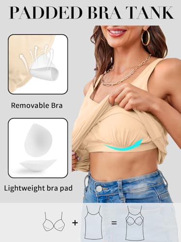 Image of V FOR CITY Women Tank Top with Built-in Padded Bra Adjustable Wide Strap V-Neck Camisole Cotton Cami Shirts