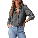 Camisa vaquera con botones para mujer, cuello de manga larga, cuello en V, estilo vaquero cambray, estilo occidental, equipada con prácticos bolsillos para uso diario, 1a-gris oscuro, L