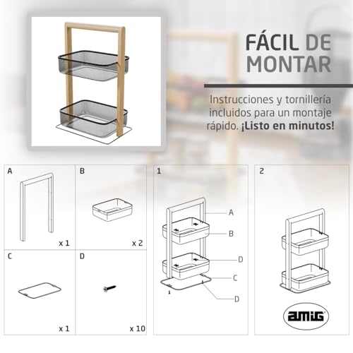 Miniatura 5 de Amig - Frutero Con 2 Cestos En Altura - Organizador De Cocina O Baño - Acero Negro Y Bambú - Estante Multiusos Para Tarros, Botes O Accesorios - 27 X 18 X 44 Cm