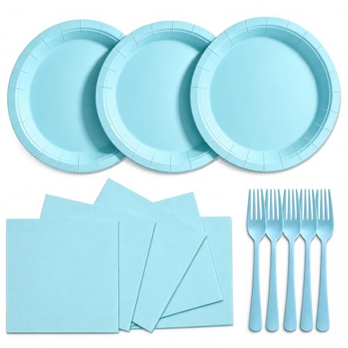 PYAILI Light Blue 9Inch Paper Plates and Napkins with Forks Serves 24