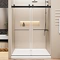 Sholvemiar Frameless Sliding Shower Door 44-48'' W x 76'' H, Stainless Steel, 5/16" (8mm) Tempered Glass, Soft-Close, for Walk-in Shower Matte Black