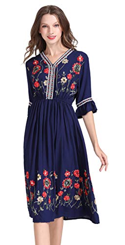 Shineflow Women's Short Sleeve Mexican Embroidered Floral Pleated Midi A-Line Cocktail Dress(Blue,L) #TOP5