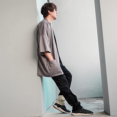Men\'s Long Oversized Kimono Cardigan Noragi Japan Jacket Haori Man Yukata Coat (Gray) - Thumbnail 4