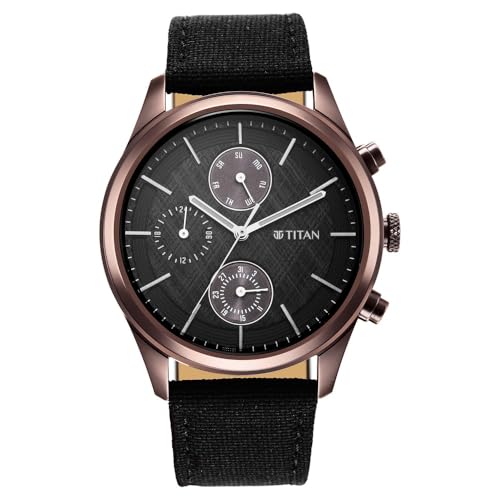 Titan Men's Analog Watch-1805QP01, Black Dial, Black Fabric Strap, Quartz Movement, 42mm Case, 30m Water Resistant