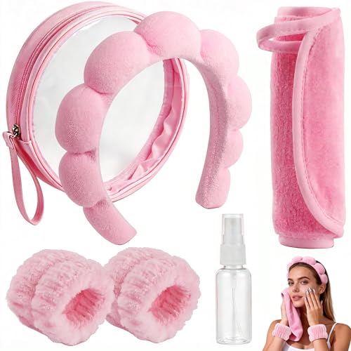 Real Perfection Spa Headband for Washing Face Skincare Headband Wristband Set for Facial Mask Skin Care Makeup Remover Towel Cloth Small Spray Bottle with Travel Makeup Bag Gifts for Women - Pink