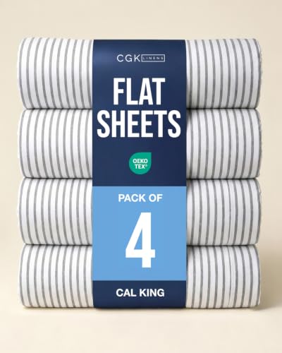 Cal King Size Flat Sheet - Pack of 4 Top Flat Bed Sheet Only - Grey Stripes