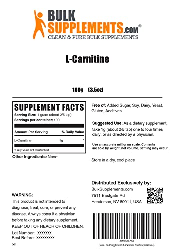 Bulksupplements.com L-Carnitine Powder (Base) - Amino Acids Supplement For Muscle Recovery & Endurance - Gluten Free - 1000Mg (1G) Per Serving, 100 Servings (100 Grams - 3.5 Oz) #TOP1