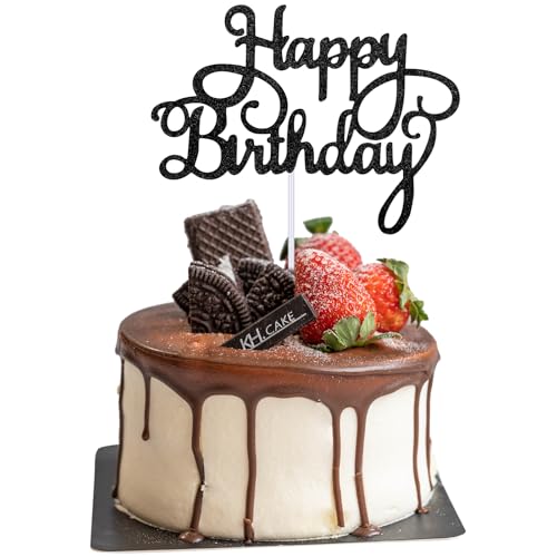 Piriuuo Happy Birthday Cake Topper Glitter 'Happy Birthday' Cake Pick Black