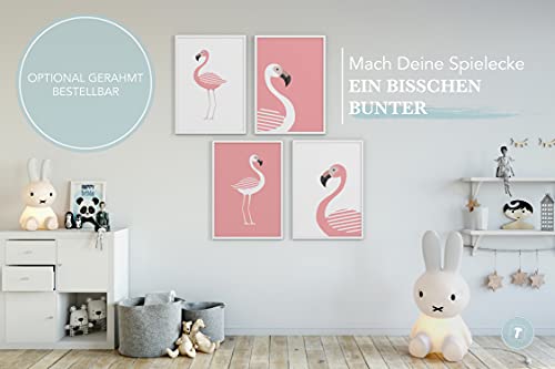 Kinderposter 4er-Set | 4X DIN A4 Poster | Jungen & Mädchen | Kunstdruck fürs Kinderzimmer | Motiv: Flamingo - 2