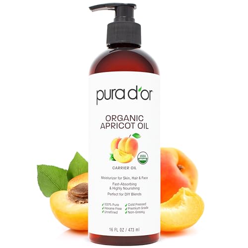 PURA D’OR 16 Oz ORGANIC Apricot Kernel Oil – 100% Pure & Natural USDA Certified Cold Pressed Carrier Oil – Antioxidant & Vitamin E Rich Moisturizer for Natural Glow & Softness – Face, Skin & Hair