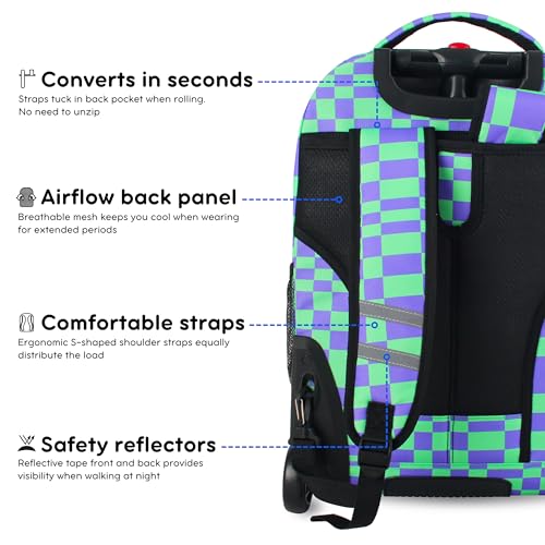 Image of J World Sundance Laptop Rolling Backpack for Girls Boys. Roller Bookbag with Wheels, 20 Inch, Pixel Checkers
