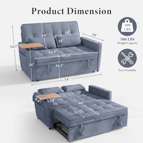 Image of Dreamzie 54'' Convertible Sleeper Sofa Bed with Swivel Side Table, Chenille Pull Out Couch for Living Room, Loveseat Sleeper Couch with Side Pocket | Charging Port | Cup Holder, Blue