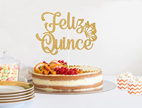 Feliz Quince Cake Topper, Cheers To 15 Years Cake Decoration, 15Th Birthday, Hello 15 Cake Decor, Happy 15Th Birthday Decoration Supplies Mixed Gold Glitter #TOP3