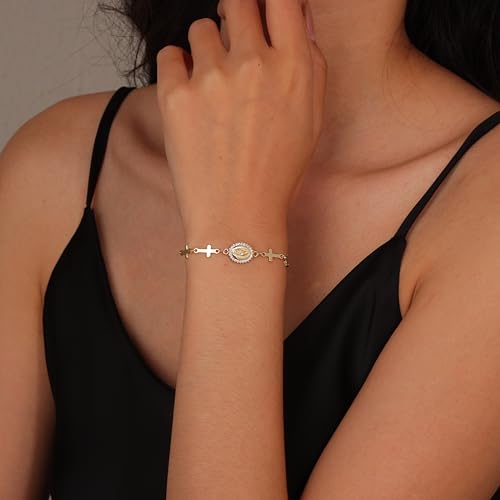 14K Gold Plated Virgin Mary Cross Bracelet for Women catholic bracelets Confirmation Gifts with Sparkling Zircon Stones religious bracelets first communion gifts3