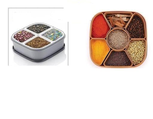 Buy 1 get Free Offer 4 Section Dry Fruit + 7 Section Masala Box its Also Used in Chocolate Box Spice Combo Kitchen Home Storage Georcy and_jar Items (Pack of 2 pcs Color Silver Brown) (Masala+-image-40