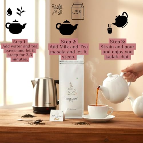 Image of KOLLAMAI Assam CTC Tea Powder | Strong Kadak Black Tea | Single Origin Garden Fresh Chai Patti 250g | Makes 125 Cups | Zip-Lock Pouch | Best for Milk Chai | No Additives | Rich Aroma | Pack of 1