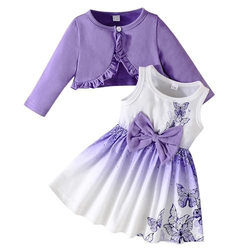 Kunyeah Conjunto de vestido y cárdigan para bebé niña Abrigo de encogimiento de hombros con volantes para bebés Falda con estampado de mariposas Atuendo de manga larga para niños pequeños
