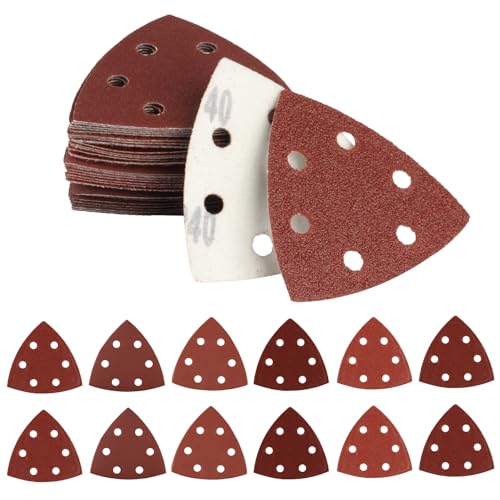 60 Pieces Sanding Discs Pads, 6 Holes Hook and Loop Sandpaper, Triangle Sanding Sheets, 60/120/180/240/320/400 Grits Assorted Sandpaper Pads for Sanding, Polishing, Random Orbital Sander