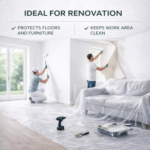 Image of GREEN LIFESTYLE Plastic Drop Cloths for Painting 12 x 9 ft [6 Pack] - Waterproof Paint Drop Cloth, Plastic Sheets Floor Cover, Disposable Tarp for Furniture Protection, Remodeling and Moving
