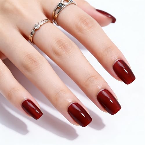 Amoji Red Cat Eye Press On Nails，Glossy Emerald Shimmer Fake Nails，24Pcs Reusable Acrylic Stick On Nails for Women Red square