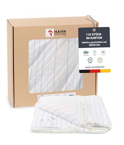 Hahn Putzlappen Baumwolle Bunt [110 Stück] Nahtlos zugeschnitten 30x30 cm Dünn saugstark & langlebig für Werkstatt Gebäudereinigung Haushalt & Autopflege 100% Recycling - Made in DE