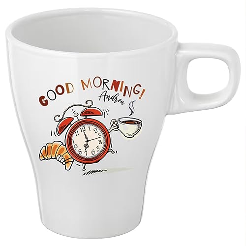 Tazza Mug 25cl. in Gres Bianco Personalizzata con Nome Sveglia Good Morning Prima Colazione Felice Idea Regalo Natale Compleanno Ragazzi Papà Donna Festa Originale The Tisana Latte Spremuta Caffè