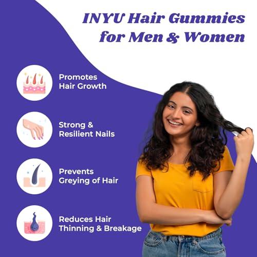 Image of INYU Biotin Hair Gummies for Stronger, Shinier Hair & Nails - 60 Days Pack | No Added Sugar | Gummies with Amla & Grapeseed Extract | Reduces Hair Fall & Strengthens Nails | Mixed Berry Flavor | for Men & Women