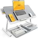 SAIJI Mesa para Portátil Ajustable ​con Cajón de Almacenamiento Patas Plegables Pies de Trineo Tablero de Cuero de PVC, Piso (Gris)