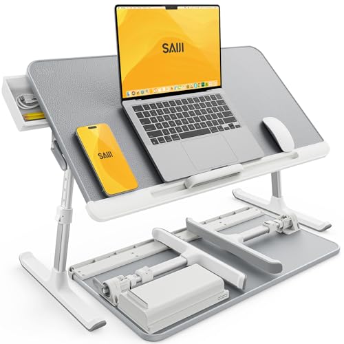 Tisch Bett, SAIJI 100% E0 Eco Holzplatte, Betttisch Höhe Winkel verstellbar, Rodelfüße leicht bewegen, PVC-Leder Desktop, Laptop Tisch für Lesen Essen Sofa Bett Couch