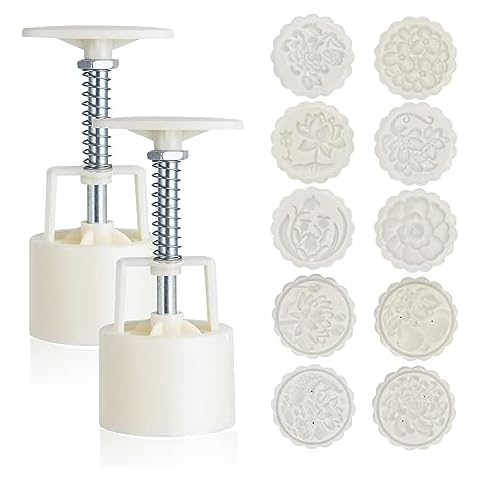 SAGOOITS Moon Cake Mould Set 75g, 12 PCS Pattern Hand-Pressure Mooncake Molds,Includes 10 pcs flower pattern base and 2 Pieces Press,Mid Autumn Festival DIY Hand Press Cookie Stamps Pastry Tool Cover