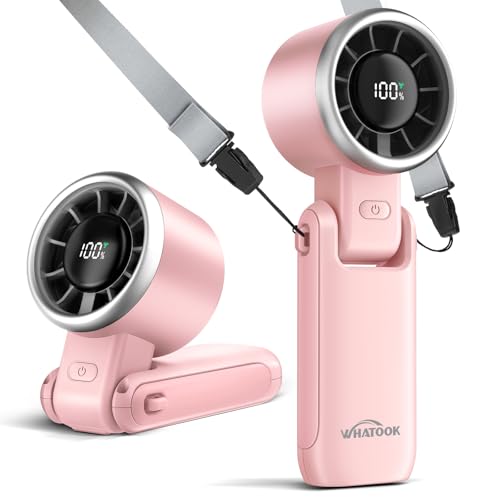 WHATOOK Portable Handheld Turbo Fan: 12m/s Strong Wind Mini Fan for Makeup & Lash, 4000mAh Battery Operated Rechargeable Personal Fan with LED Display, 3 in 1 Foldable Small Fan for Concerts, (Pink) by WHATOOK - Used condition - US$15.72