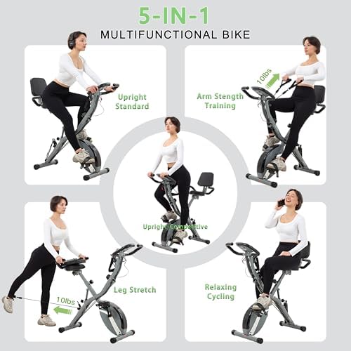 BARWING Stationary Exercise Bike for Home Workout, 5 IN 1 Foldable Indoor Cycling Bike for Seniors, 350LB Capacity, 16-Level Magnetic Resistance, Seat Backrest Adjustments 5