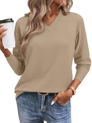 Yutdeng Suéter Mujer Manga Larga Jersey de Punto Cuello Pico Elegante Jersey Basico Sueter Invierno Otoño Sweater Fino Lana Jerséis para Mujer Jersei Suave Casual Pullover Camiseta,Beige,M