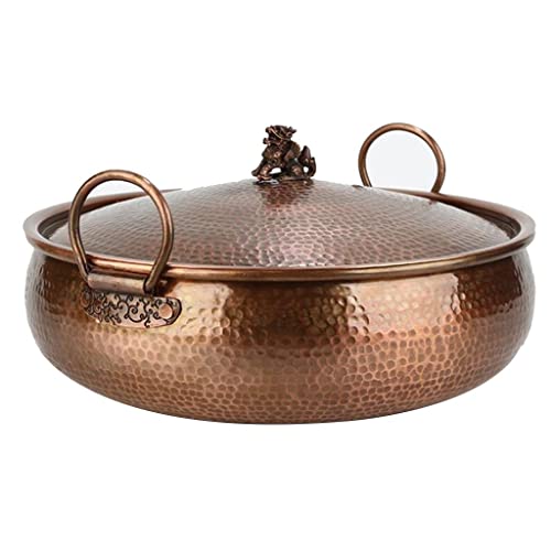 INUUXLG Chinese Style Induction Cooker Copper Hot Pot Red Copper Handmade Copper Mutton Soup Pot with Sauerkraut and Kylin Copper Pot(32cm) (Brass 34cm)