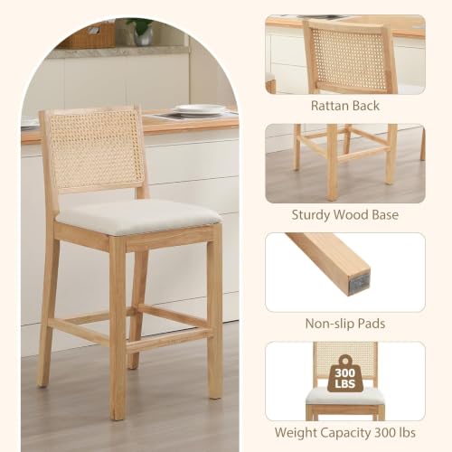 Image of 26'' Rattan Bar Stools Set of 4, Linen Seat,Cream | Cane Back,Rubberwood Frame,Low Maintain Fabric,Tucks Under Counters,for Kitchen Island Home Bar