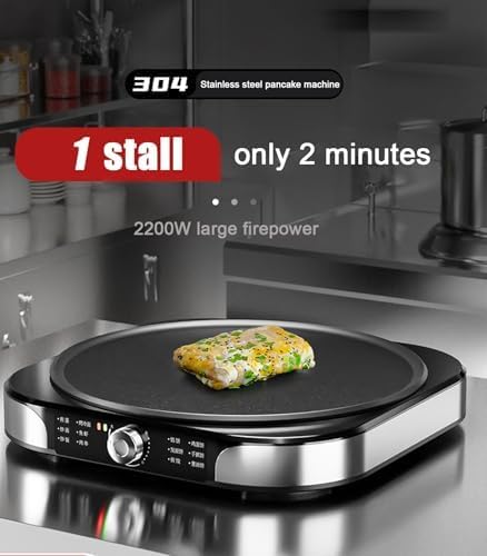 Crepera Eléctrica 40cm, Plancha Para Crepes Antiadherente 2200W | Temperatura ajustable 0-220 °C, soporte plegable, acero inoxidable, para Chapati Tortilla Pizza Home