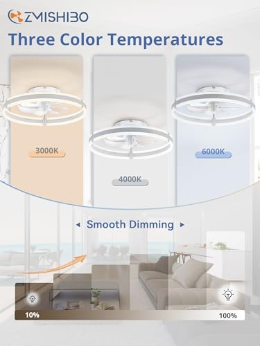 Image of ZMISHIBO Ceiling Fans with Lights and Remote, 19.7'' Low Profile Ceiling Fan, 3000-6000K Dimmable Modern Flush Mount LED Fan Light, 6 Wind Speeds, White Fandelier Ceiling Fans for Bedroom