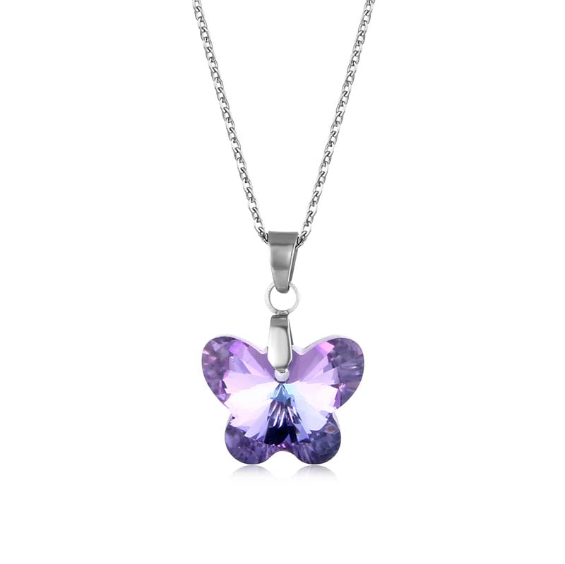 Collier acier inoxydable argenté petit pendentif papillon cristal strass héliotrope violet bleu couleur argent