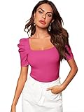 WDIRARA Women's Puff Sleeve Square Neck Short Sleeve Elegant Tee Top Hot Pink L