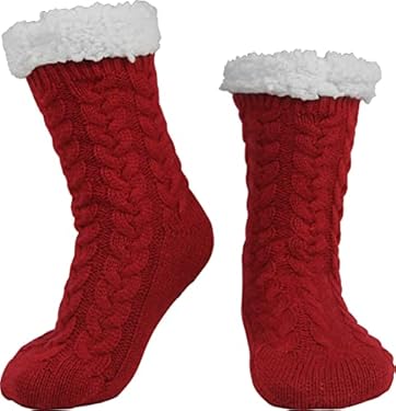AMAZON - BenSorts Warm Slipper Socks for Women Plush Fuzzy Socks With Grips Grippers Non Slip Sleep House Socks Soft Fluffy Thick Mothers Holiday Gift Red