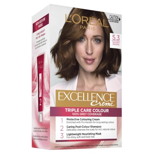 L'Oréal Paris, Permanent Hair Dye, Strengthening & With Up To 100% Grey Coverage, Excellence, Golden Brown 5.3