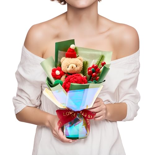 Lizzton Christmas Crochet Flower Bouquet, Handmade Knitted Flowers with Rose