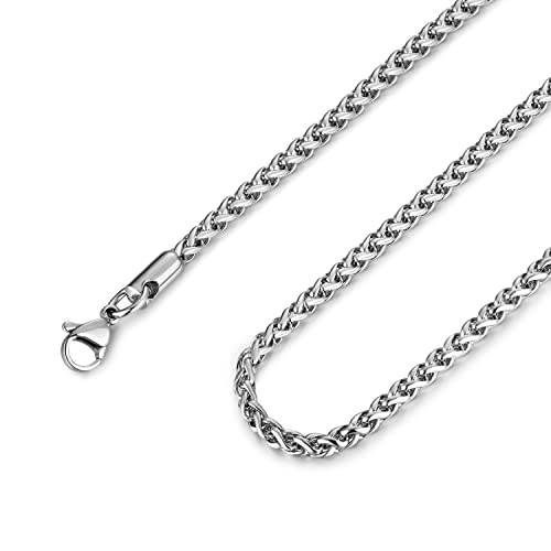 HZMAN 3.0 mm Stainless Steel Wheat Silver Chain Necklaces for Men & Women 16