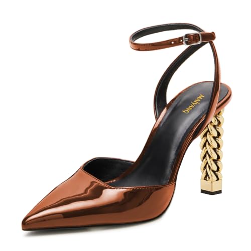 Maiyang Women Ankle Strap Buckle Pumps Unique Chain Chunky High Heel Pointed Toe Sandals Party Club Wedding Dress Shoes Size 4-16 US