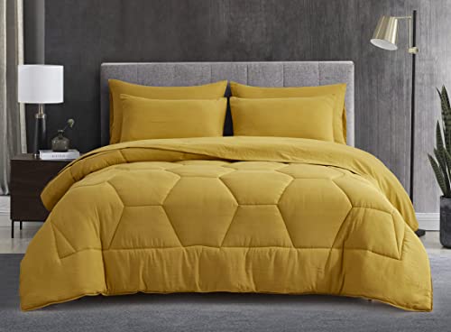 Chezmoi Collection Piper Full Bed In A Bag 7-Pieces Honeycomb Hexagon Quilted Soft Washed Double Brushed Microfiber Comforter With Sheets Lightweight All Season Bedding Set (Full, Mustard Yellow) #TOP6